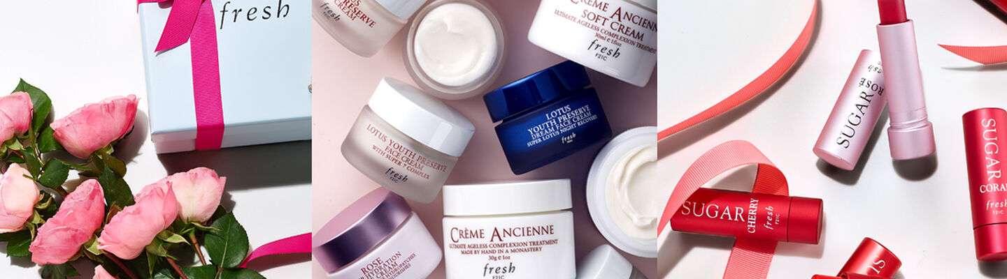 Various products on a pink background, including products from the Rose, Lotus, Sugar and Creme Ancienne collections