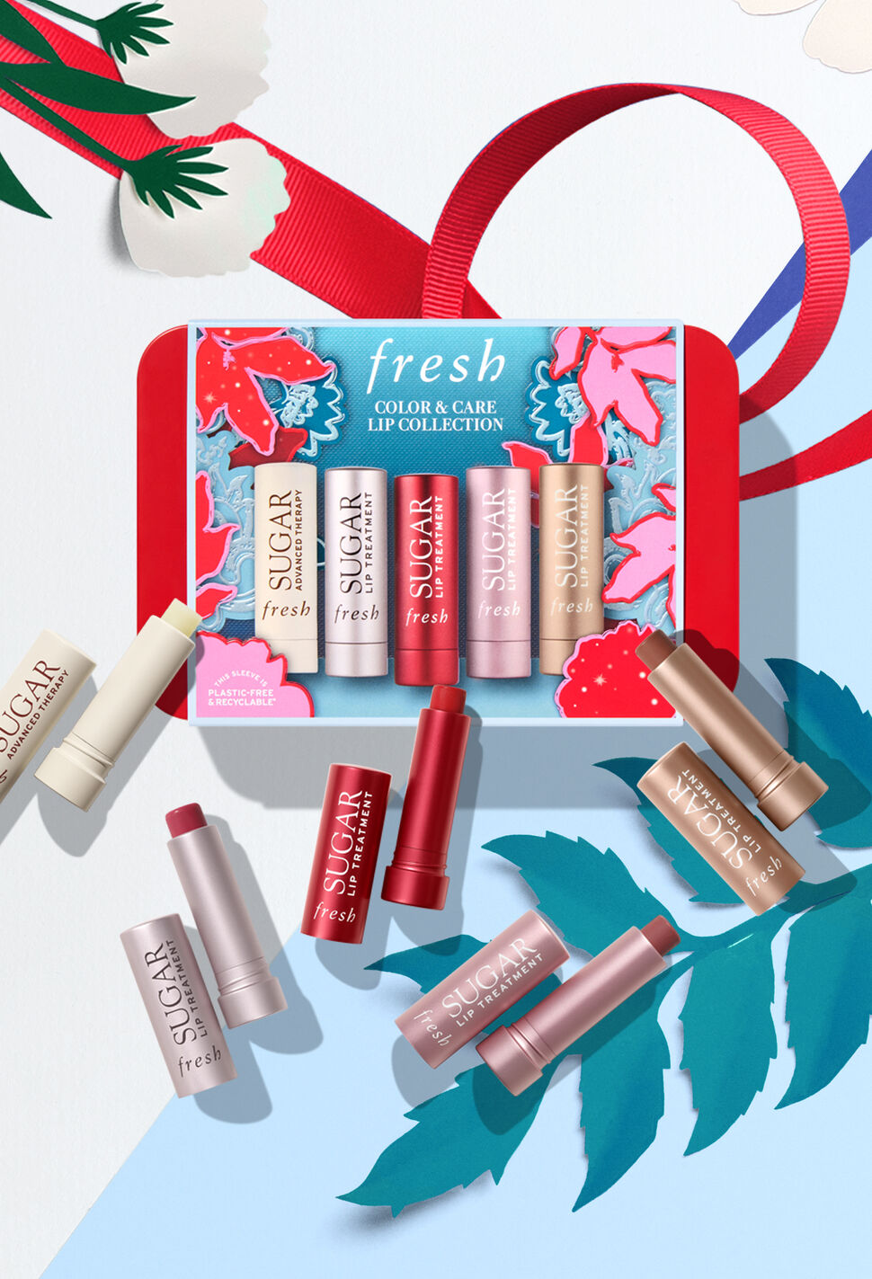 fresh holiday lip care gift set with red ribbon