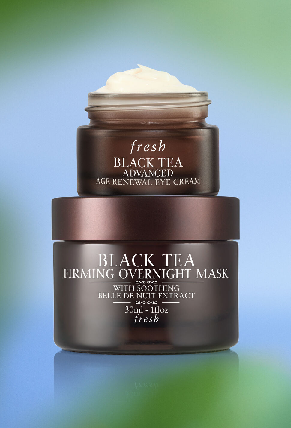 Fresh Black Tea skincare against blue and green background