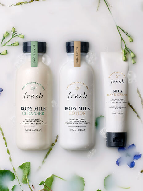 fresh Milk Skincare Collection against floral background