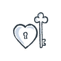 A hand-drawn sticker of a heart lock with a key next to it.