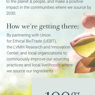 Our goal: To Improve our ingredient sourcing with respect to the planet and people, and make a positive impact in the communities where we source by 2030. How we're getting there: By partnering with Union for Ethical Bio Trade, the LVMH Research and Innovation Center, and local organizations to continuously improve our sourcing practices and local livelihoods where we source our ingredients. 100% of our skincare hero ingredients are traceable to their specific geographic origin.