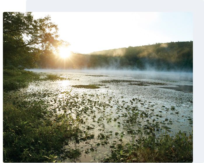 Sunrise over a lake, with the mist rolling in over the top of the lake