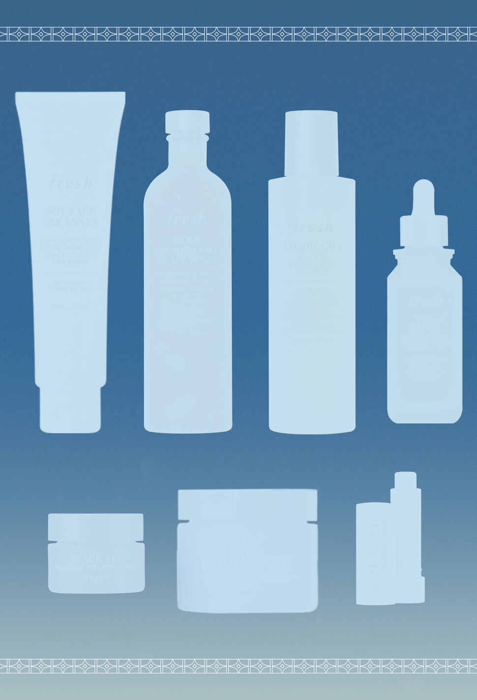 Light blue silhouettes of 7 fresh beauty products on dark blue background