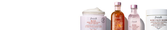 A banner of the Rose Deep Hydration collection of products on a white background