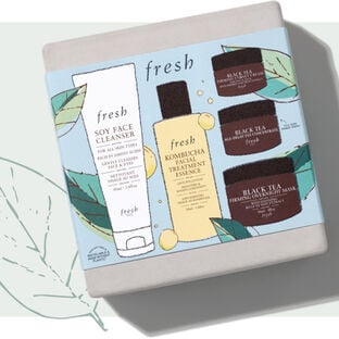 A grey coloured gift box with a cover illustrating a variety of Fresh products