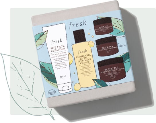 A grey coloured gift box with a cover illustrating a variety of Fresh products