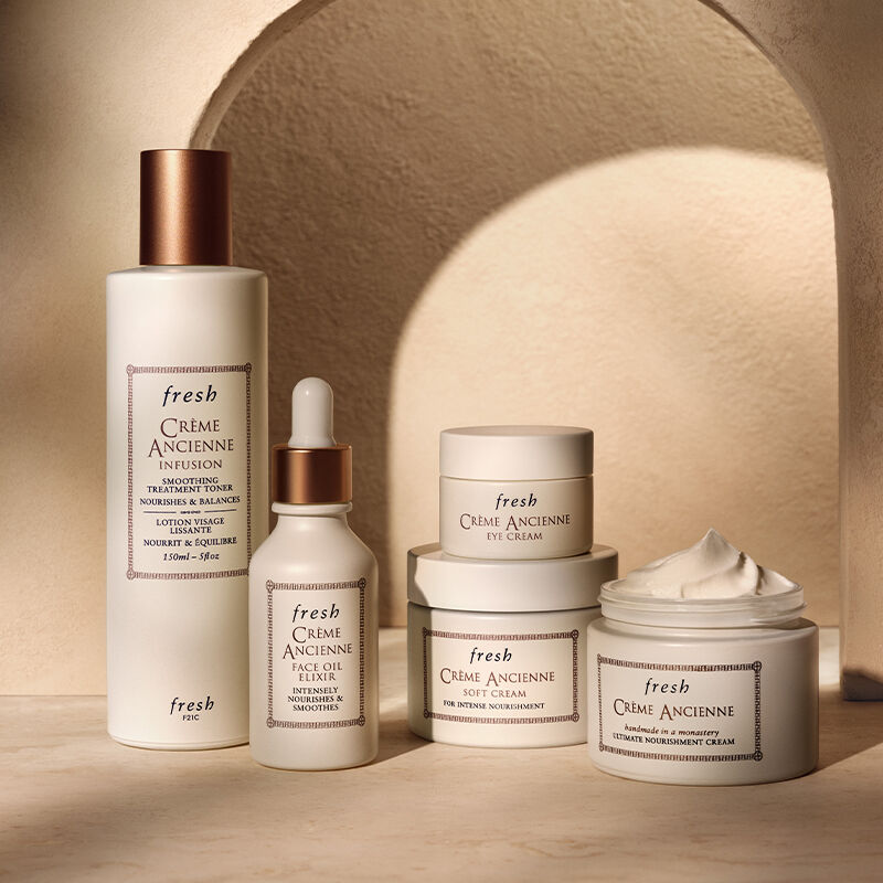 A range of Fresh Creme Ancienne products and a bottle of Tea Elixir Serum