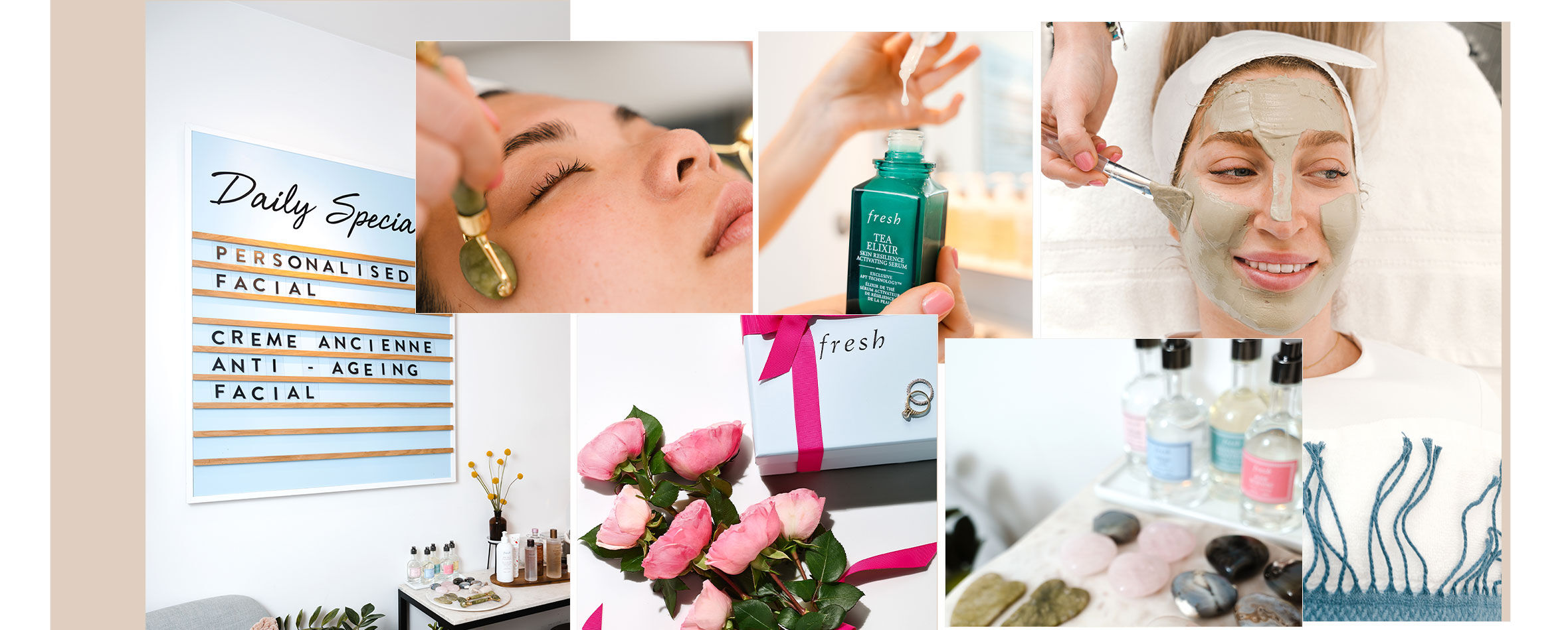 Various images showing what happens during a bridal facial with Fresh