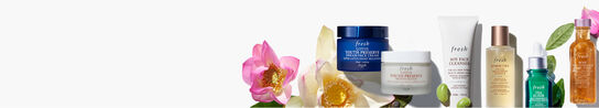 A white banner with a bundle of six Fresh skincare products