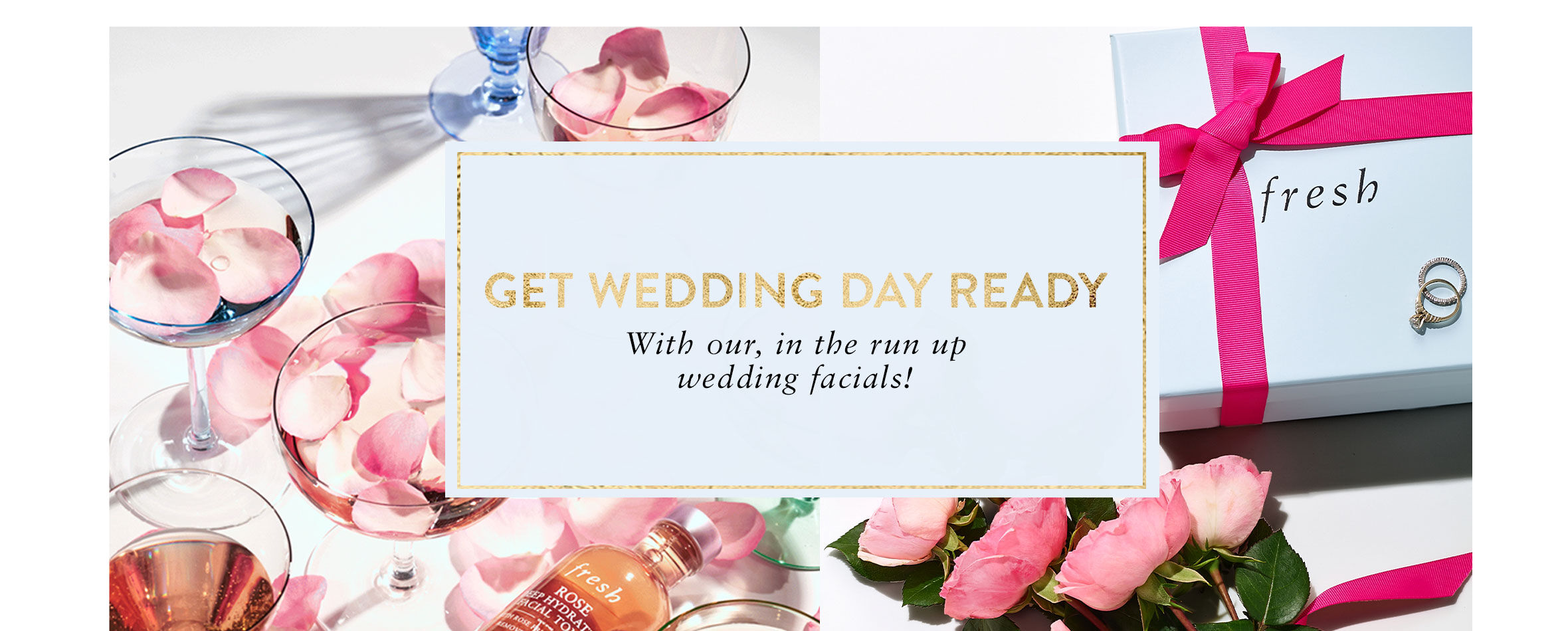 A floral background with the text "Get wedding day ready with our run-up wedding facials" overlaid on it
